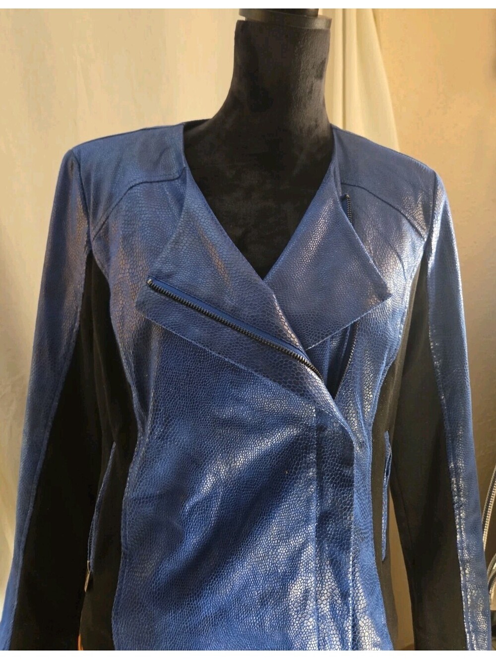 Metallic Cobalt Blue Moto Rock Concert Edgy Snakeskin Embossed Jacket Large